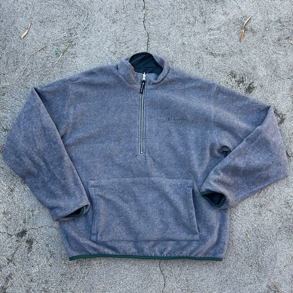 Champion Reversible Quarter Zip XL Gray Green Fleece Polyester Y2K